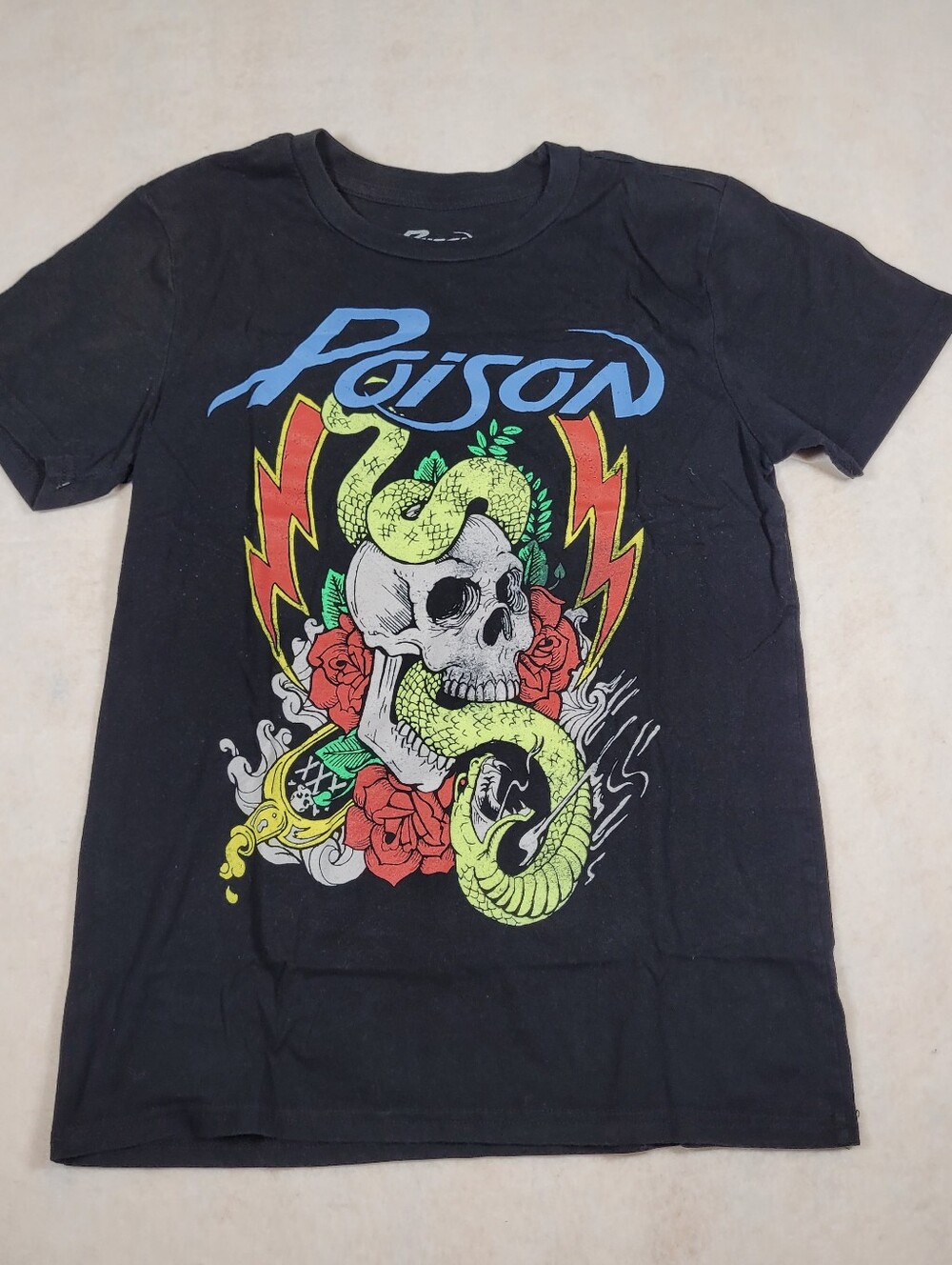 Poison Graphic Band Tee Black Rock Glam Biker Metal Snake Skull Roses Sz Small